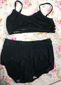 Black Lace Bikini Set 2 Tops 1 Silk Panty