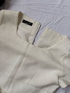 Cream Linen Blend Short Sleeve Dress