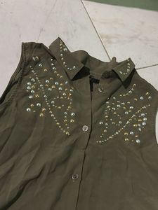 Stylish Sleeveless Embellished Olive Top
