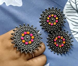 Bohemian Sunburst Earrings with Ring