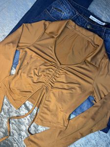 Front tie-up Brown Long Sleeve Top