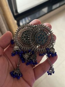 Oxidised Blue Long Jhumkas
