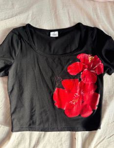 Black Crop Top with Red Flower Print