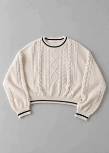 IVORY CABLE-KNIT STRIPED TRIM SWEATER