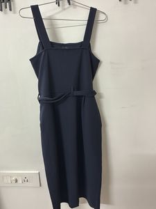 Navy Button-Up Midi Dress with Belt