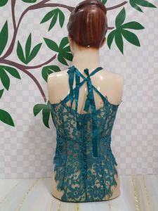 (100)Teal Lace Halter Bodysuit