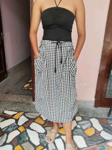 Gingham Checked Midi Skirt with Pockets
