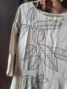 Elegant Cream Anarkali Dress with Leaf Print