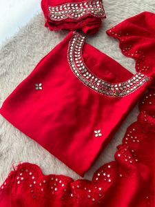 Negotiable Red Kurta Set with Mirror Work