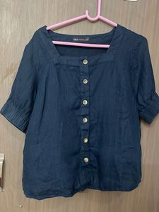 Dark Blue Square Neck Button-Up Top