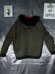 Green Bomber Jacket with Fur Hood