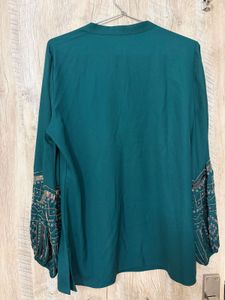 Emerald Green Blouse with Embroidered Sleeves