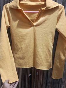 Yellow Ribbed Collared Long Sleeve Top