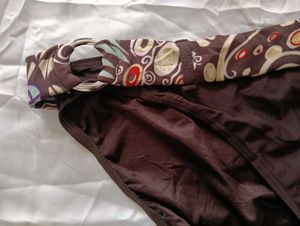 Brown Bikini Bottom with Patterned Waistband