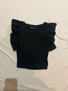 ZARA Black Ribbed Crew Neck Top (S)