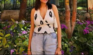 Stylish White Crop Top with Black Print