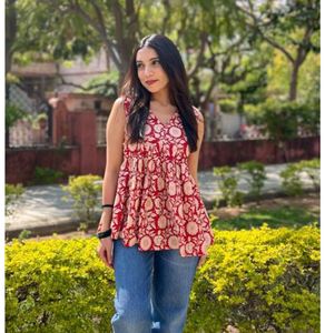Red Floral Print Kurta