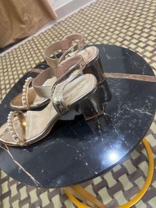 Elegant Gold Block Heels with Pearl Embellishments