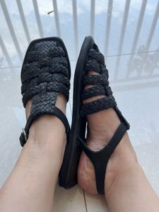 Black Woven Strap Flat Sandals