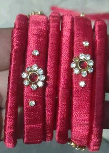 Elegant Red Silk Bangles with Stone Embellishments