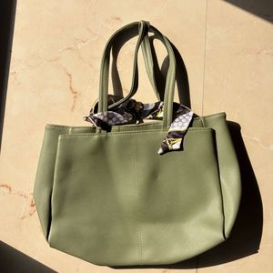 Olive Green Tote Bag with Scarf Accent