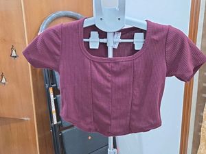 Burgundy Ribbed Corset Crop Top
