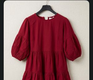 Elegant Maroon Tiered Flare Dress with Puff Sleeve
