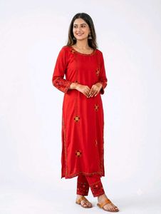Vibrant Red Embroidered Kurta Set