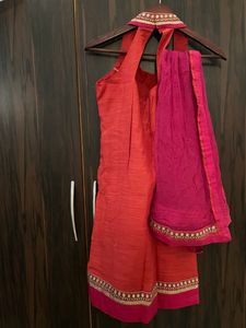 Pink Red Gold Halter Kurti &amp; Dupatta