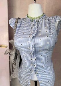 Blue Striped Ruffled Flower top