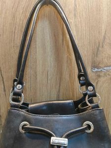 Lancaster Black Leather Drawstring Bucket Bag