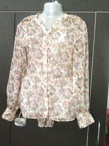 Sheer Floral Print Button-Up Blouse