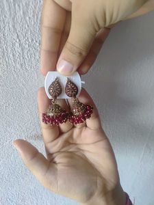 Elegant Jhumka Earrings with Red Beads