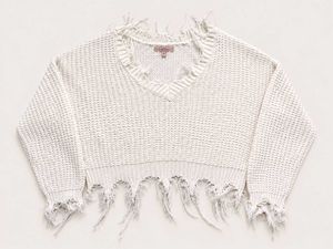 DISTRESSED V-NECK KNIT SWEATER.