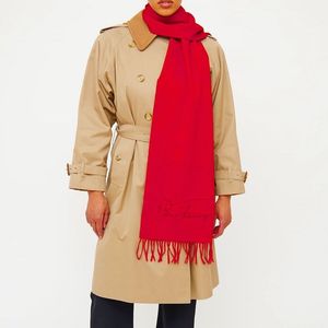 BURBERRY Solid Red Cashmere Cursive Logo Fringe