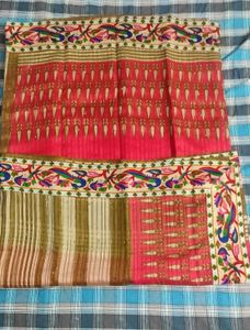 Free 3 Blouse Pieces Premium Self Woven Red Saree