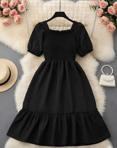 Chic Black Smocked Puff Sleeve Midi Dress