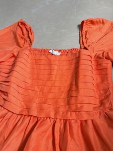Orange Square Neck Puff Sleeve Top