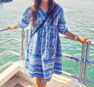 Blue white flowy a line dress