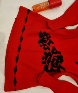 Vintage Red Floral Mock Neck Sweater