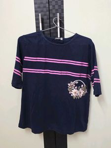 Navy Blue T-Shirt with Pink Stripes &amp; Floral Desig