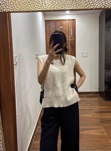Cream Ribbed Vest Sweater with Black Bow detailing