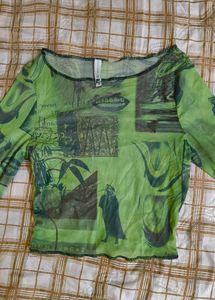 Green Mesh Sheer Graphic Print Top
