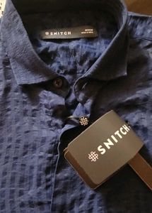 Men's Blue Textured Short Sleeve Shirt