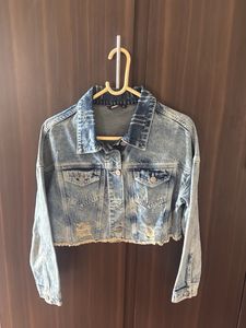 Cropped Denim Jacket with Distressed Details