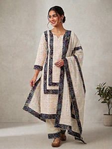 schiffli/ hakoba kurta pants dupatta set