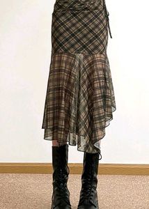 Y2K Plaid Print Ruched Midi Skirt