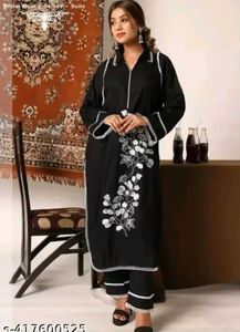 Elegant Black Kurta with White Floral Embroidery