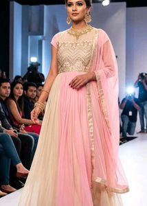 Elegant Pink & Beige Gown with Gold Embellishments