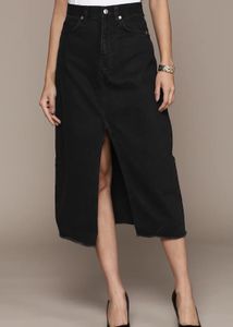 Mango Black Denim Midi Skirt with High Slit